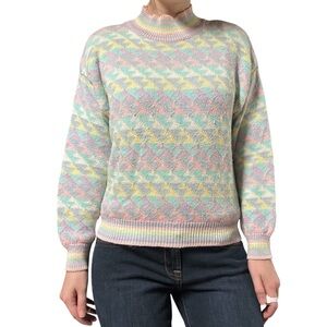 62 East | Vintage Rainbow Pastel Houndstooth Print Boxy Turtleneck Sweater